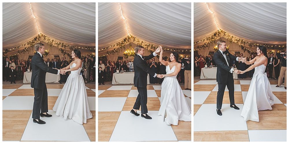 Sequence of dance floor moments at a wedding reception in a white tent with string lights overhead.