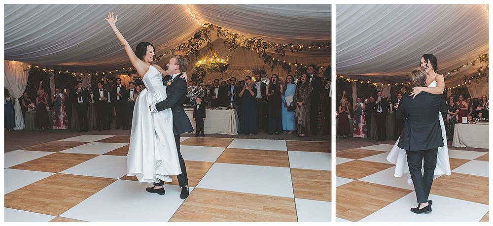 Couples dancing together on a wooden dance floor at an elegant indoor wedding reception.