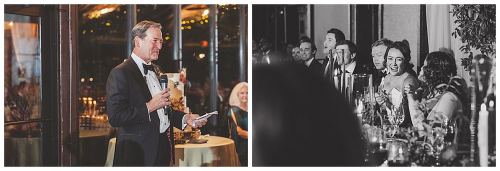 A collection of candid black and white wedding reception moments showing guests dancing and celebrating.