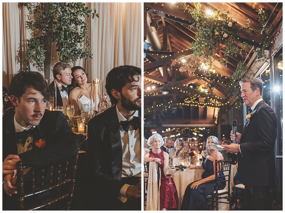 Wedding celebration candid moments captured in a rustic venue with string lights and greenery.