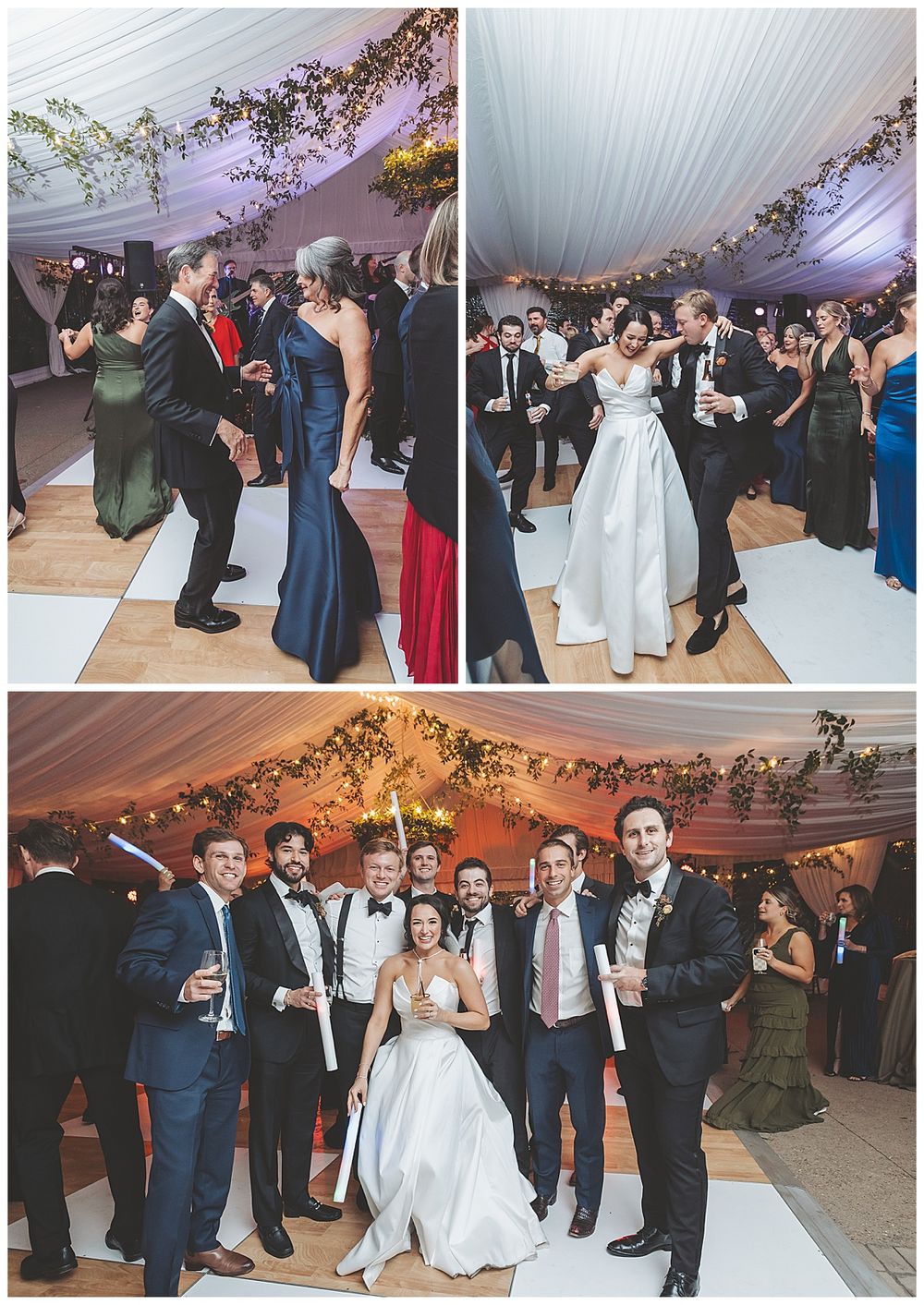 Wedding guests dance and celebrate on a white dance floor under a decorated tent at an elegant reception.
