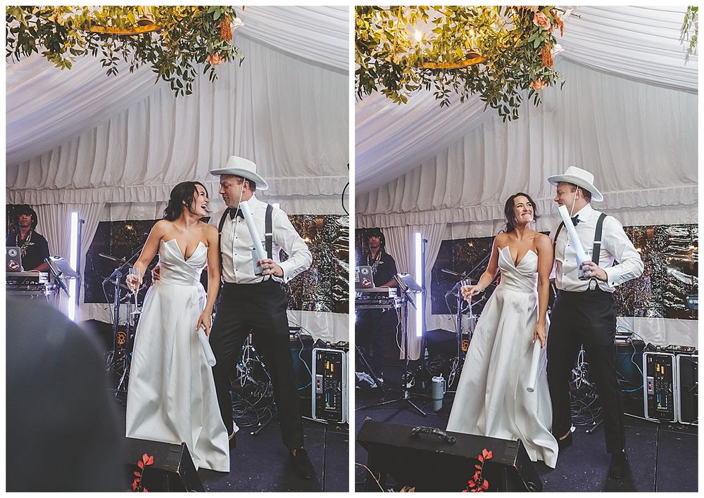 Sequence of wedding reception photos showing dancing and celebration under a white tent with string lights.
