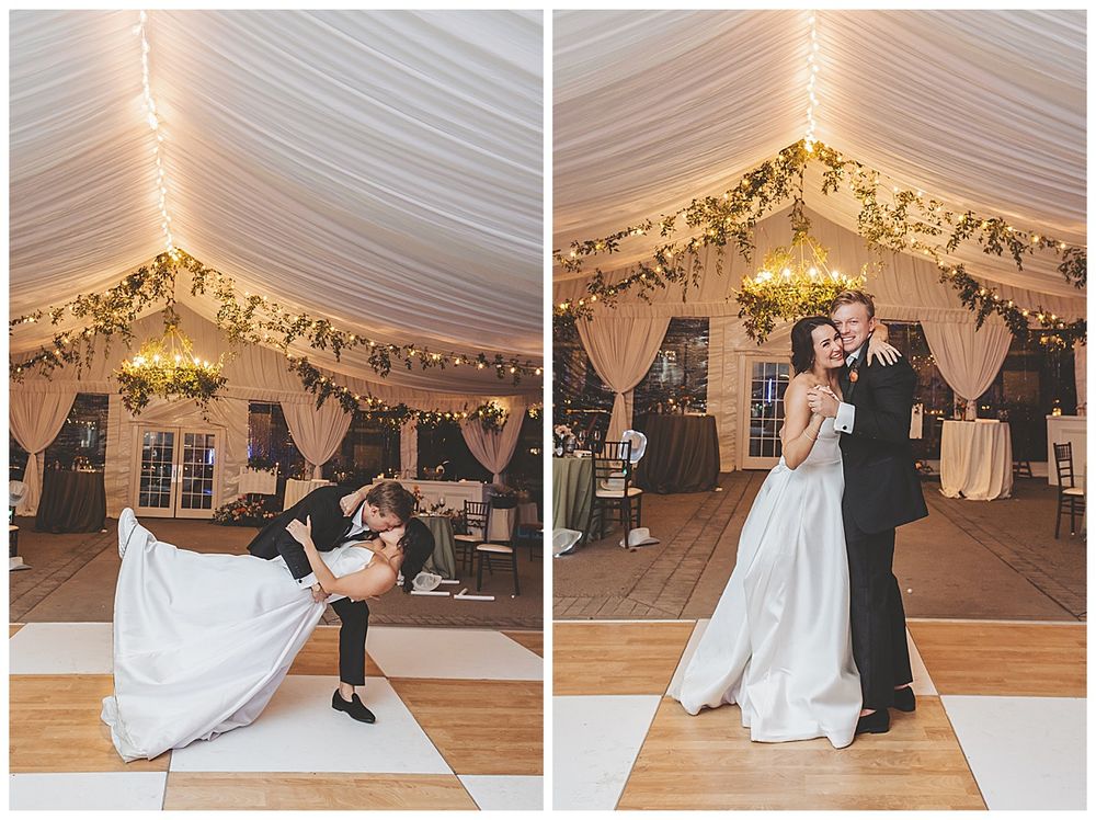 Wedding couple performs a romantic dance sequence in an elegant white tent decorated with string lights and garlands.