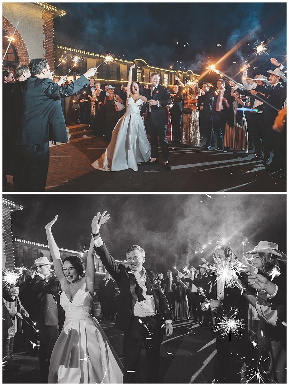 Wedding celebration at night with sparklers creating a magical atmosphere during the festivities.