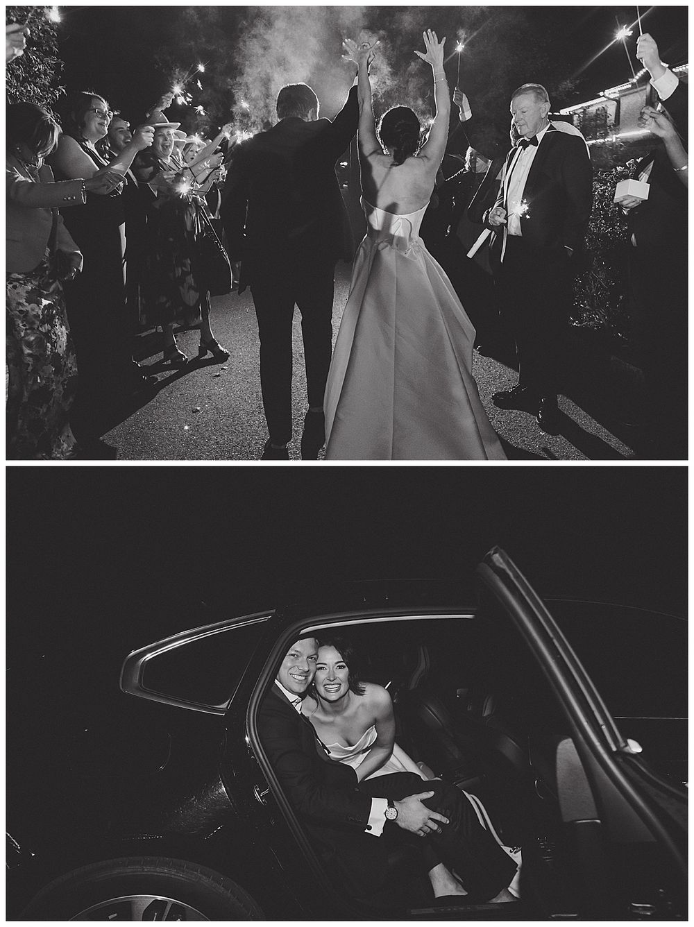 Black and white wedding photos showing guests celebrating and newlyweds departing in a classic car at night.