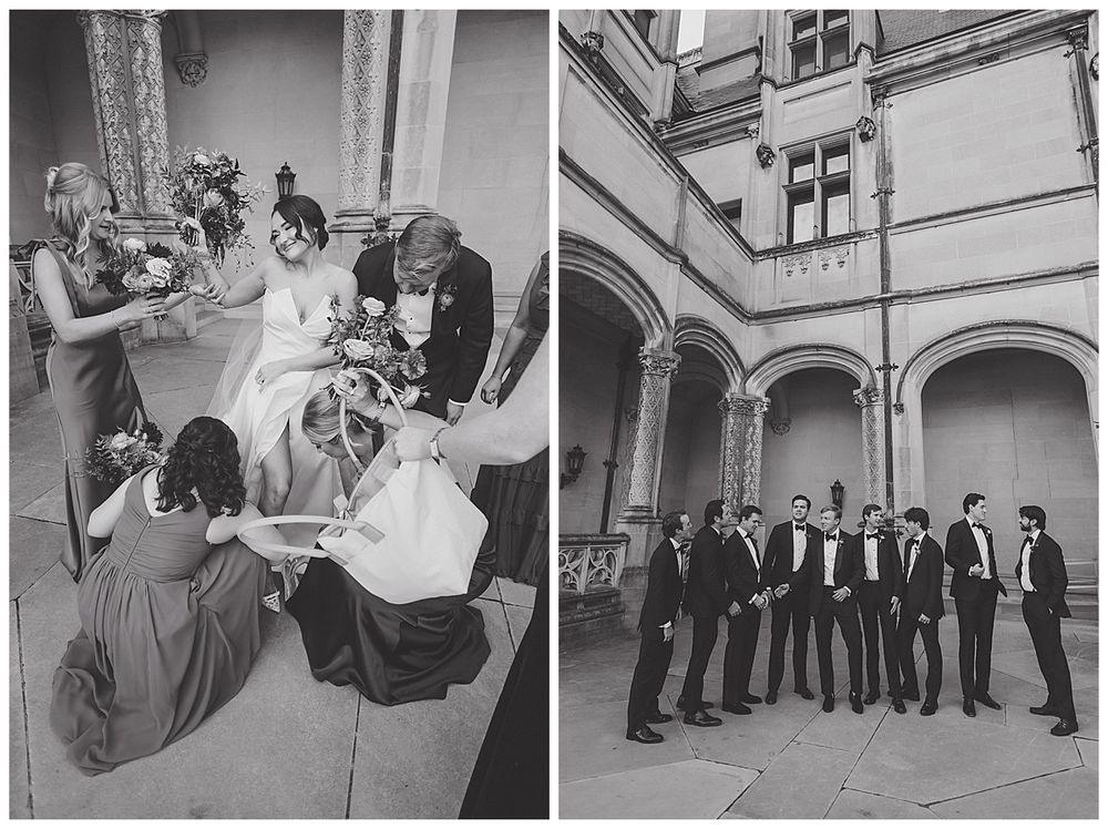 Black and white wedding photos showing candid preparation moments and formal group portraits in an elegant courtyard setting.