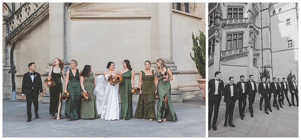 Wedding party posing for formal photos in front of a historic stone building with ornate architecture.