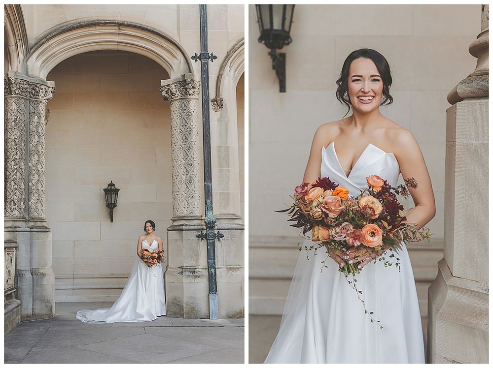 A wedding photoshoot in a grand stone archway corridor featuring elegant white gowns and vibrant coral bouquets.