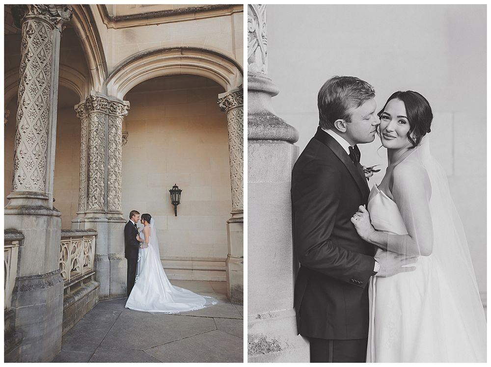 A romantic wedding photo series captured in an elegant stone archway with classic architectural details.