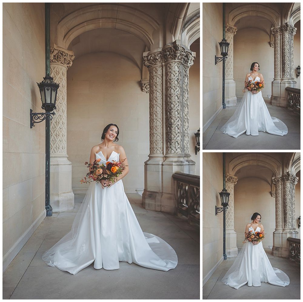 Elegant bridal portraits in a classical stone archway corridor with autumn-themed floral bouquet.