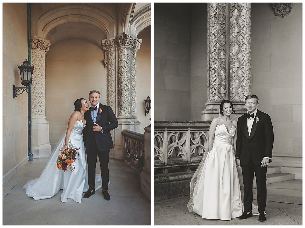 Elegant wedding couple poses in front of ornate stone columns and archways in formal attire.