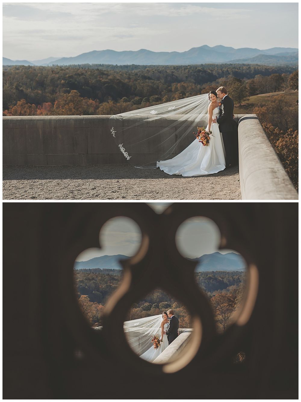 A couple in wedding attire stands on a concrete wall overlooking mountains while a flowing veil catches the breeze.