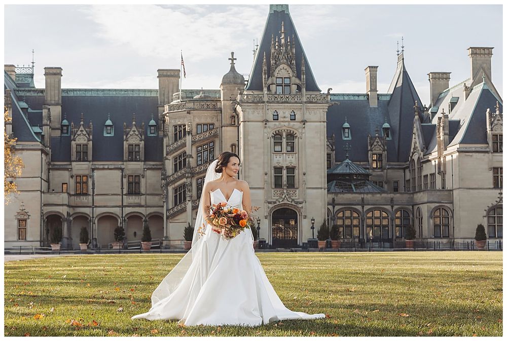 Panoramic view of Biltmore Estate with its grand architecture and manicured lawns on a sunny day.