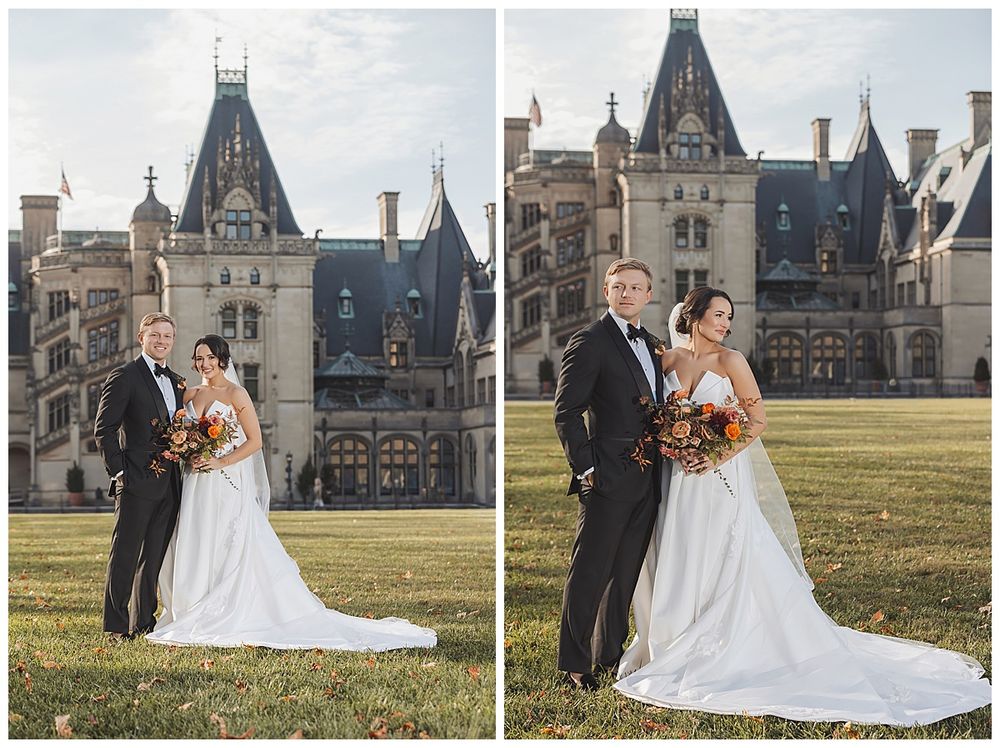 Wedding couple poses in front of a majestic Gothic revival castle with sprawling green lawn and blue sky.