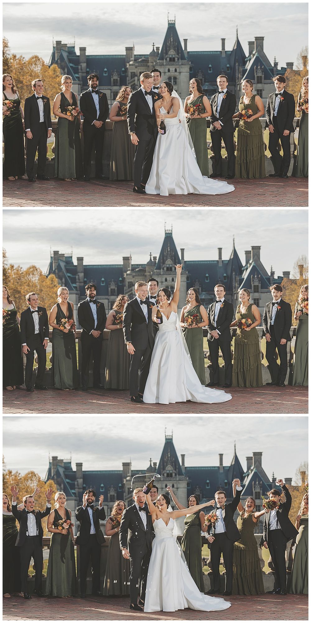 Wedding party in formal attire celebrates outdoors at sunset with a castle-like building in the background.
