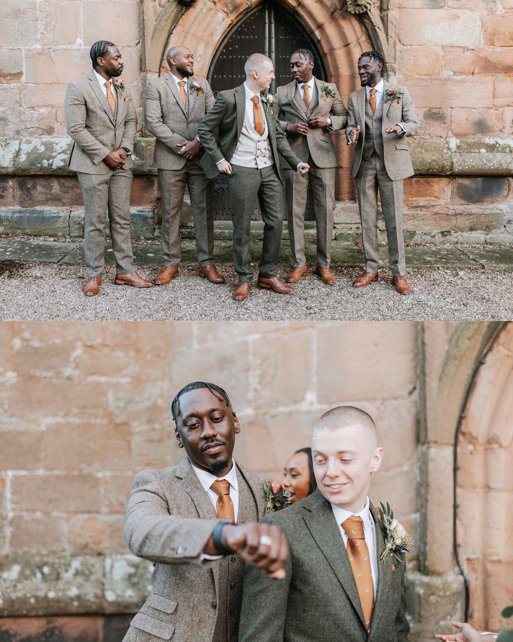 A wedding party in light gray suits poses against a stone church wall in a candid two-photo collage.