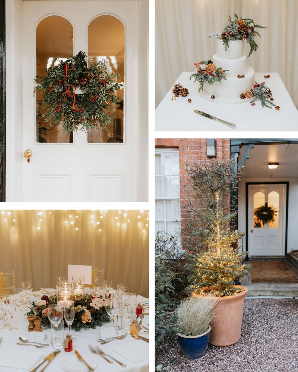Elegant outdoor wedding reception setup with string lights, rustic decor, and floral arrangements in a modern courtyard space.
