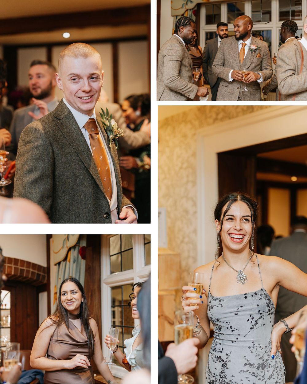 Wedding guests enjoying cocktail hour at an elegant indoor reception venue.