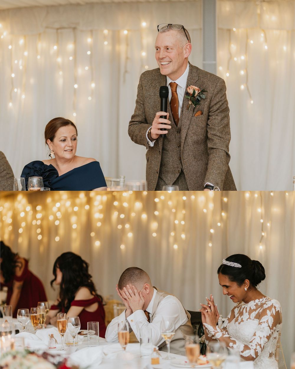Guests at a wedding reception share laughter and joy during dinner speeches under twinkling string lights.