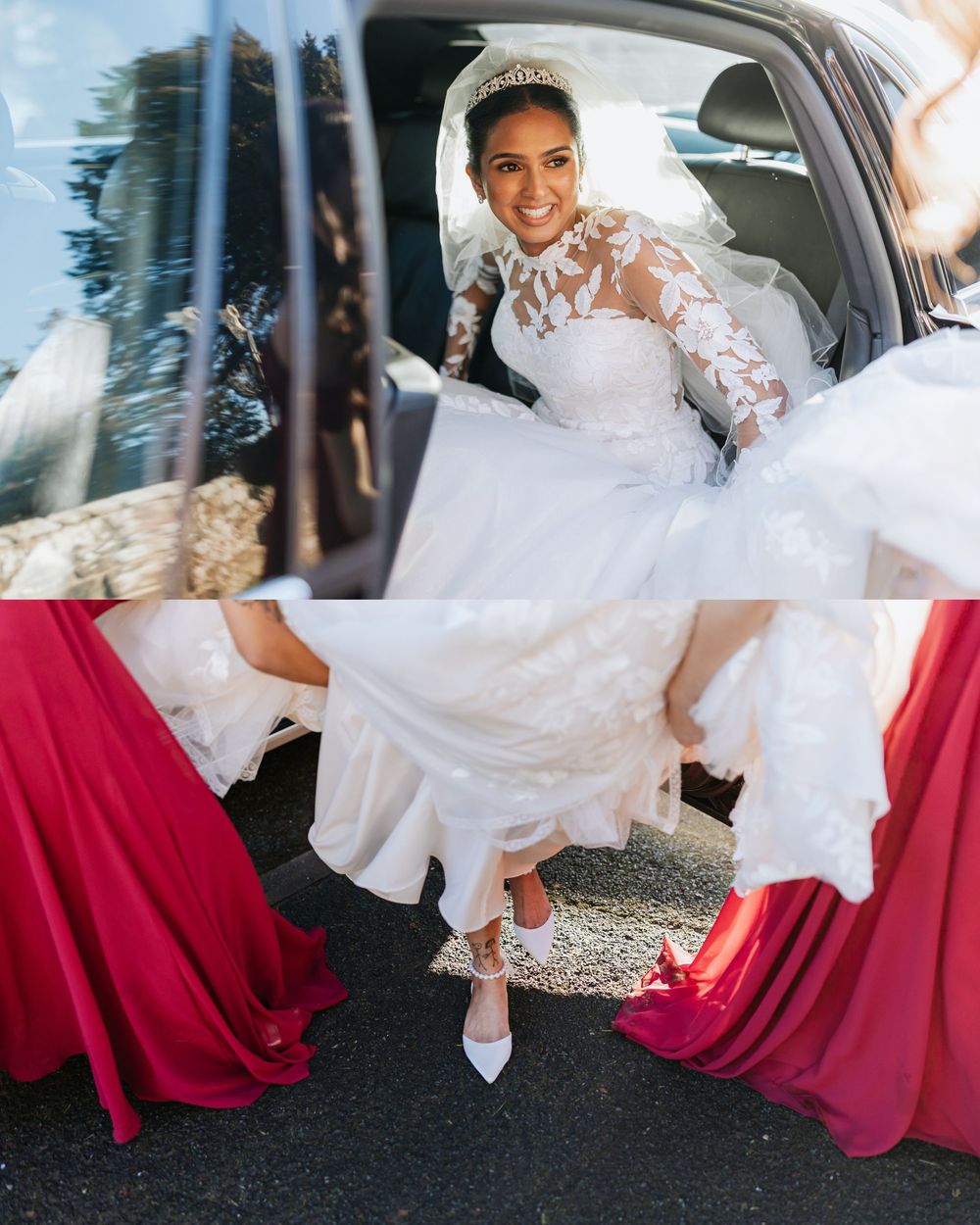 Bride in flowing white lace dress and bridesmaids in burgundy dresses getting into a car on wedding day.