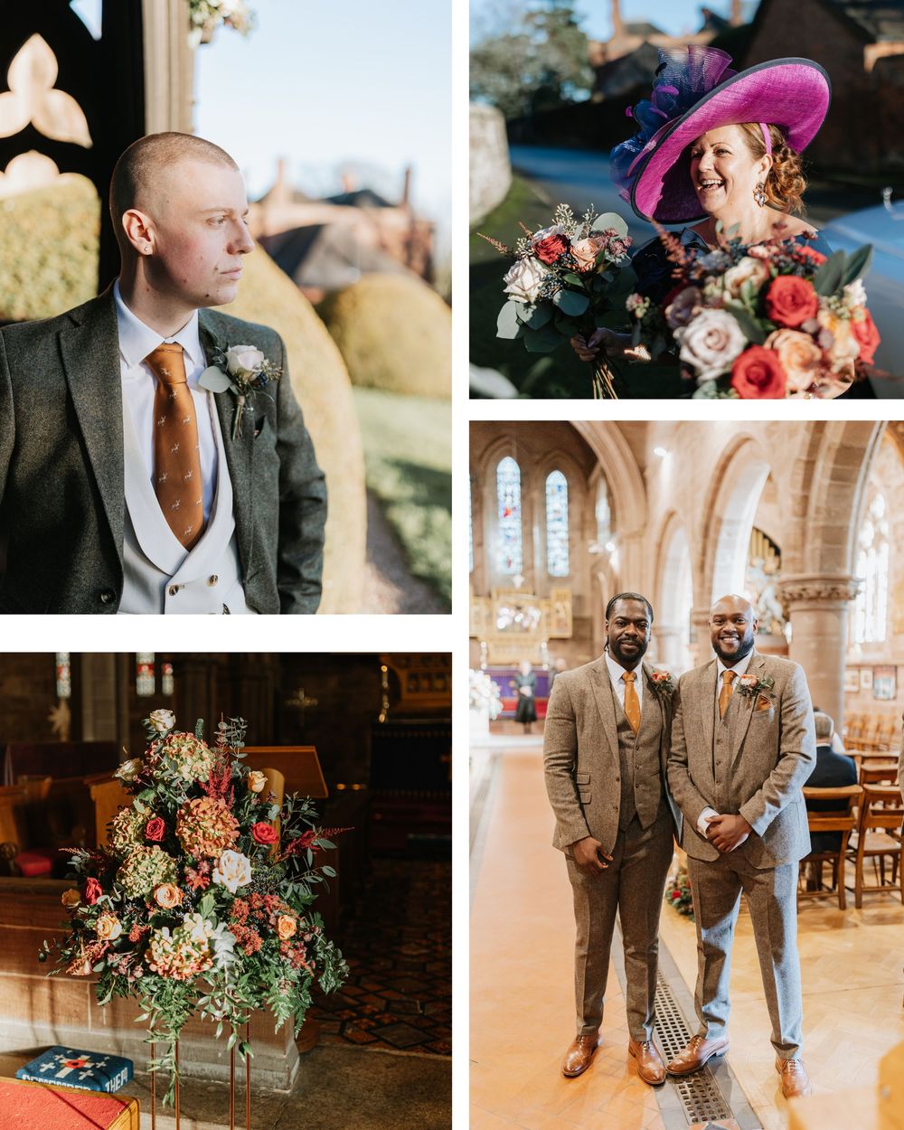 A collection of wedding photos showing floral arrangements, formal attire, and church venue details in warm tones.