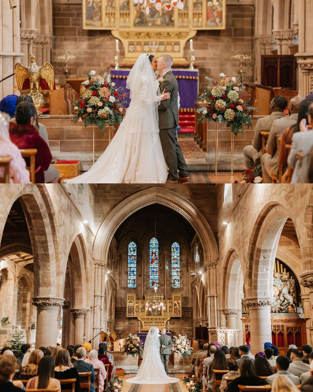 Traditional church wedding ceremony taking place in a grand Gothic cathedral with stone arches and stained glass windows.