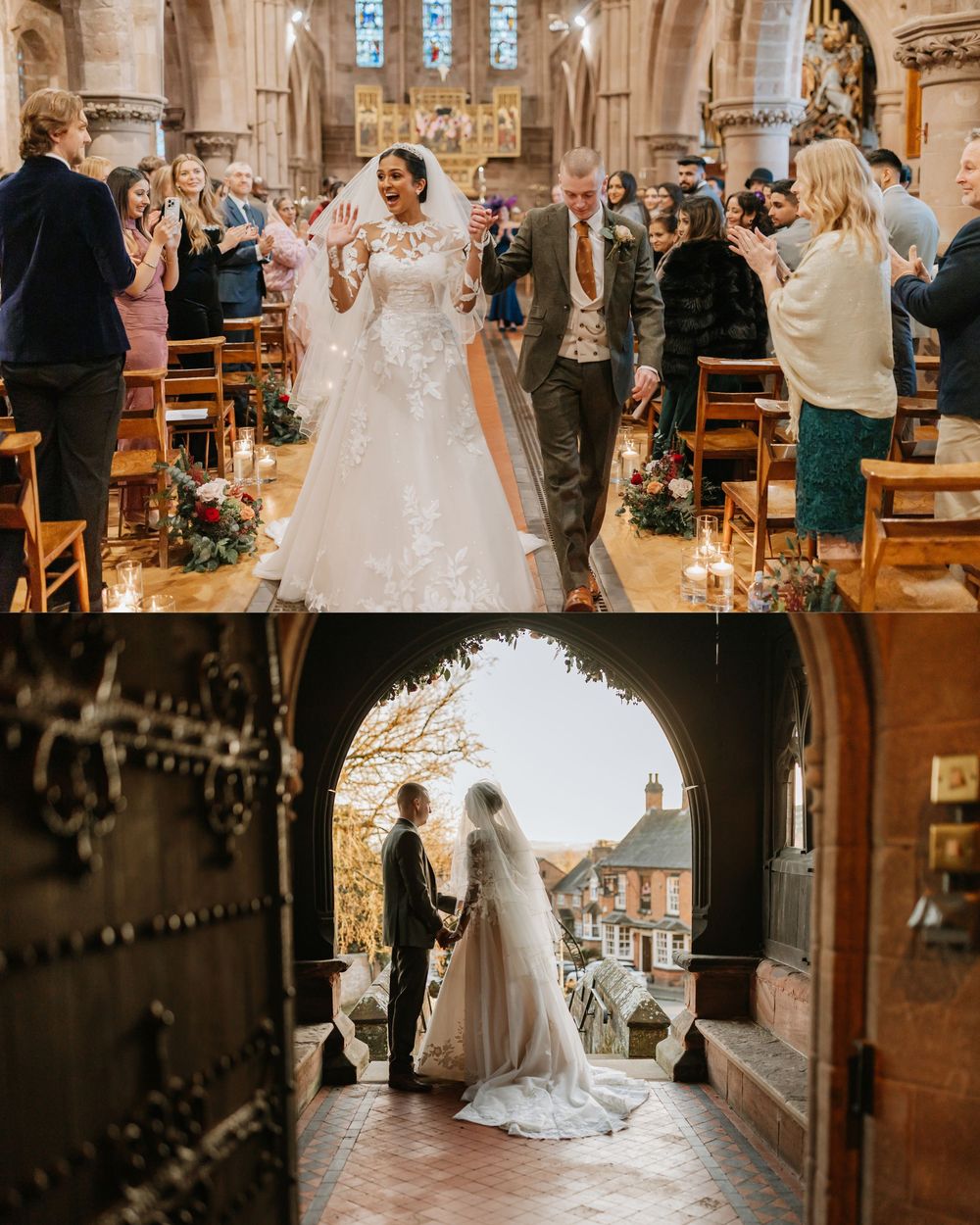 Elegant wedding ceremony in a grand cathedral with stained glass windows and candlelit aisle creating a romantic atmosphere.