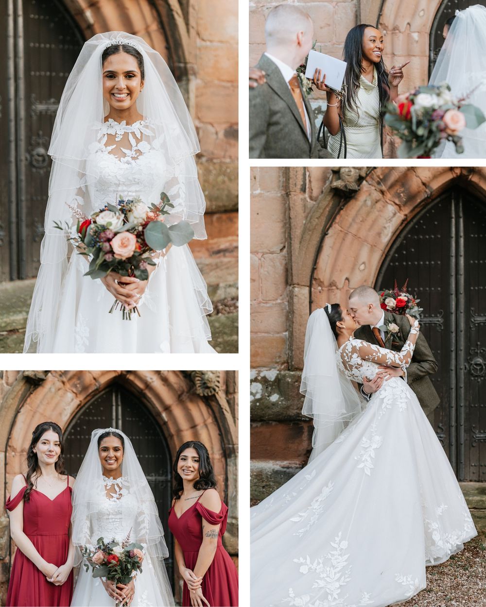 Wedding party poses in front of rustic brick church with bridesmaids in burgundy dresses and bride in elegant white gown.