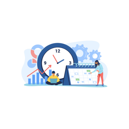 Business timeline infographic with clocks and productivity icons.