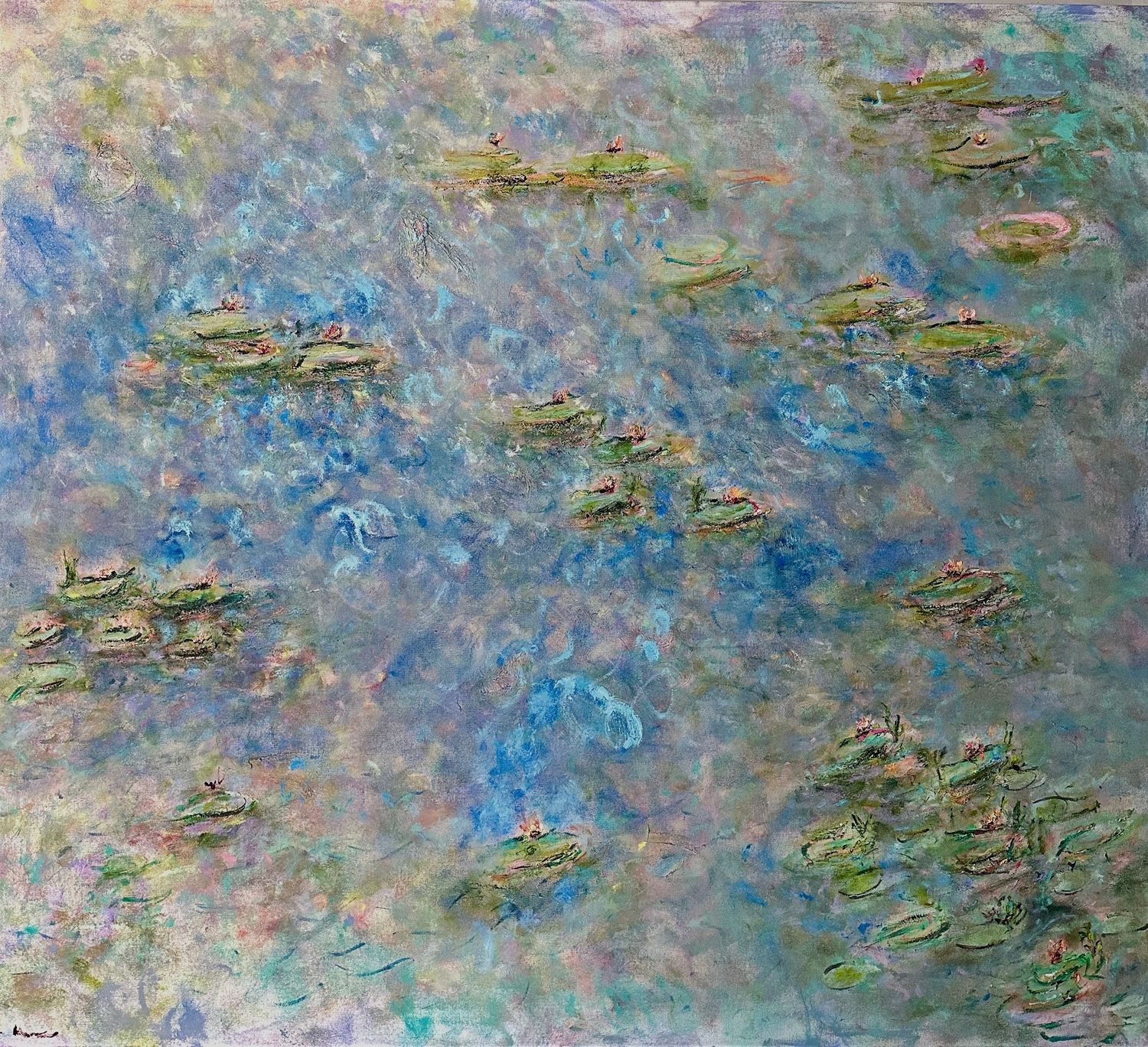 Abstract expressionist painting showcasing vibrant swirls of blue, pink, orange and green paint in dynamic brushstrokes.