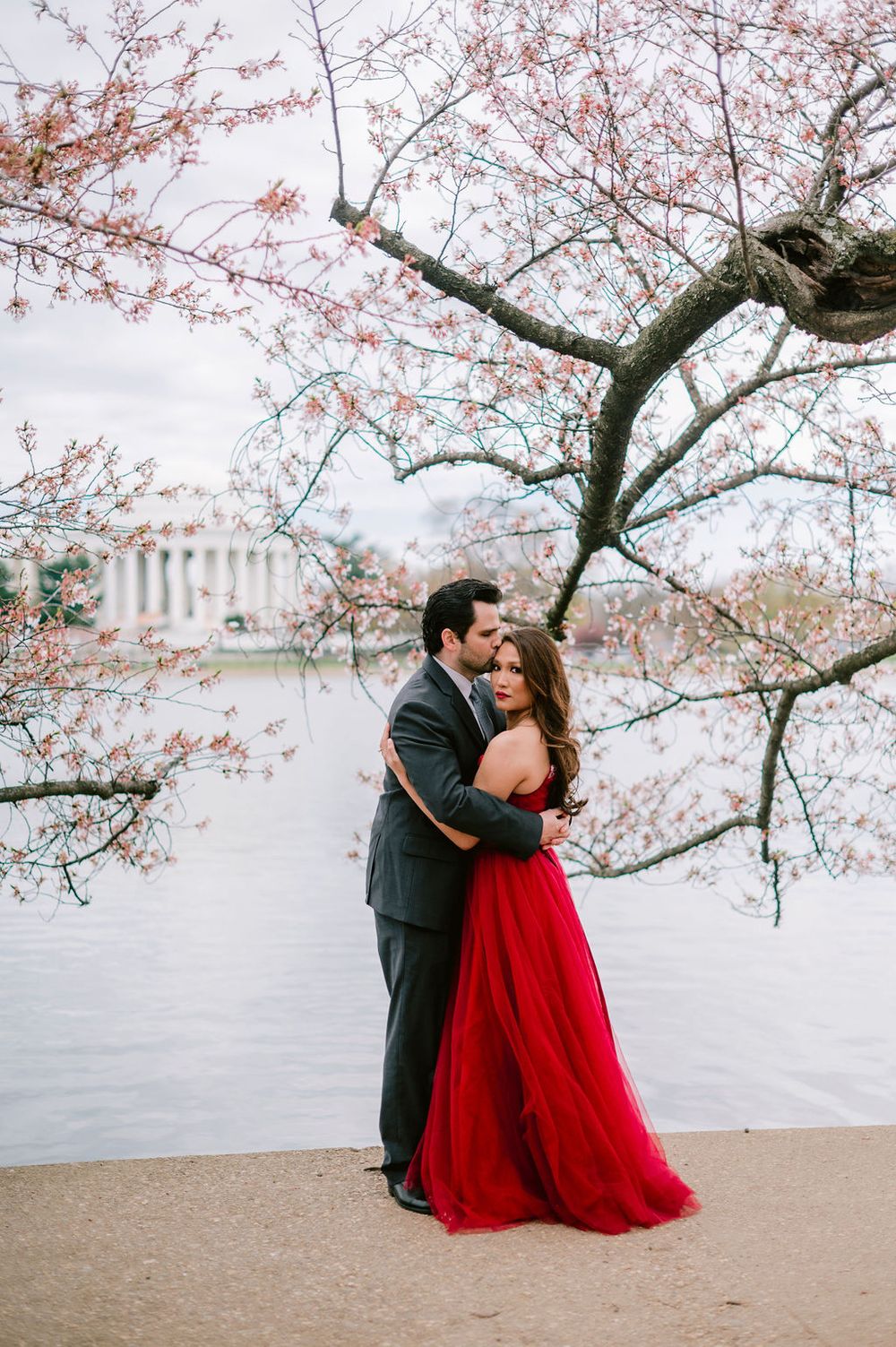 A romantic moment under blooming cherry blossoms with the Jefferson Memorial visible in the background.