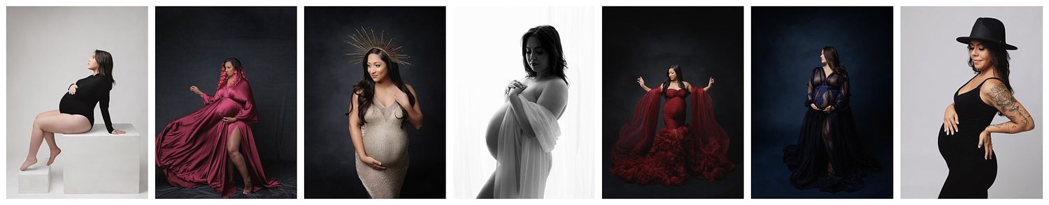 Austin Maternity Photographer multi image collage featuring glamourous fine art maternity portraits.