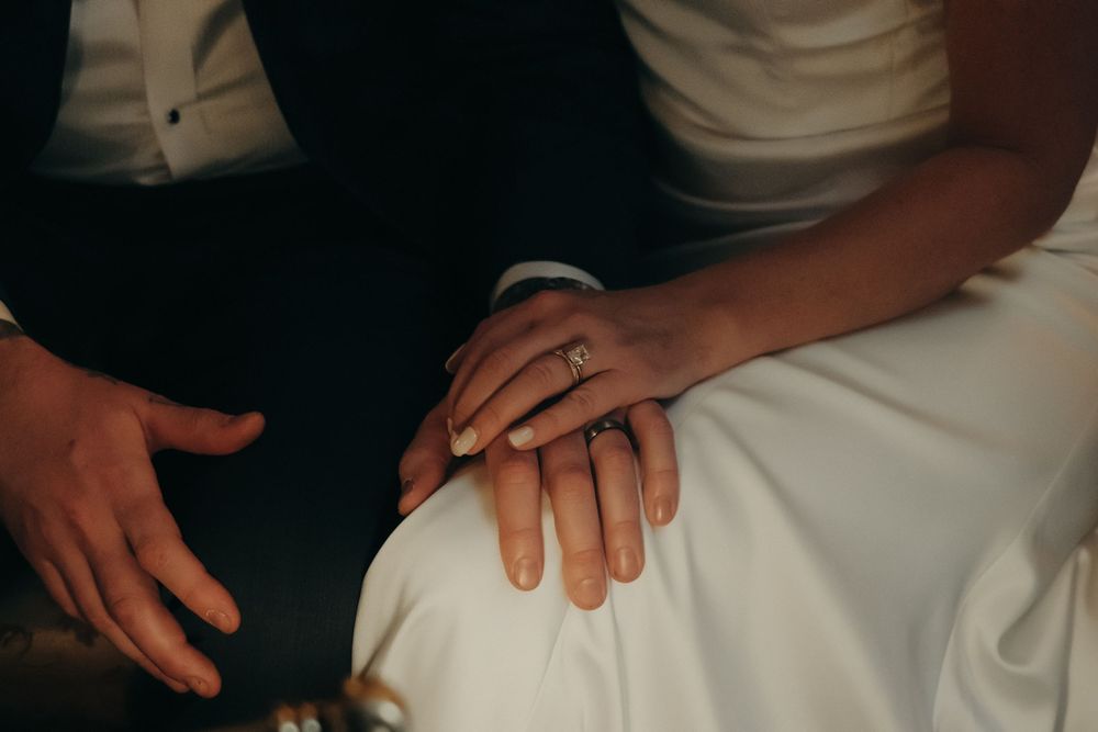 Close-up of hands touching during an intimate wedding moment.
