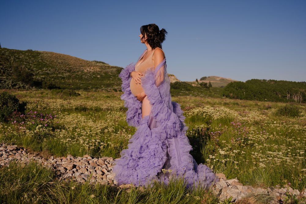 Pregnant woman in purple ruffled gown standing in green rocky outdoor landscape maternity portrait.