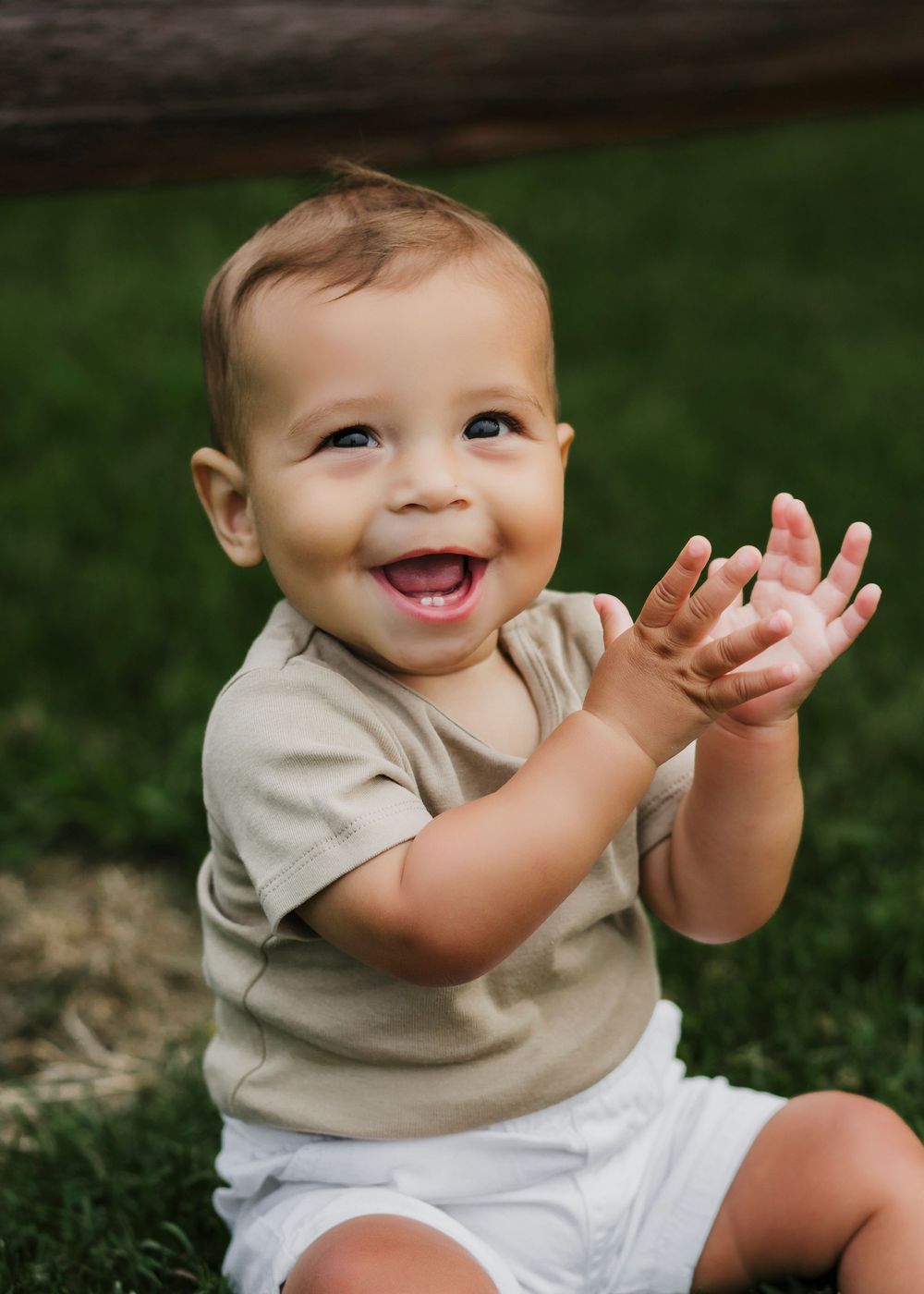 Baby milestone photography in Green Bay, Wisconsin with 6 month old boy sitting on grass.