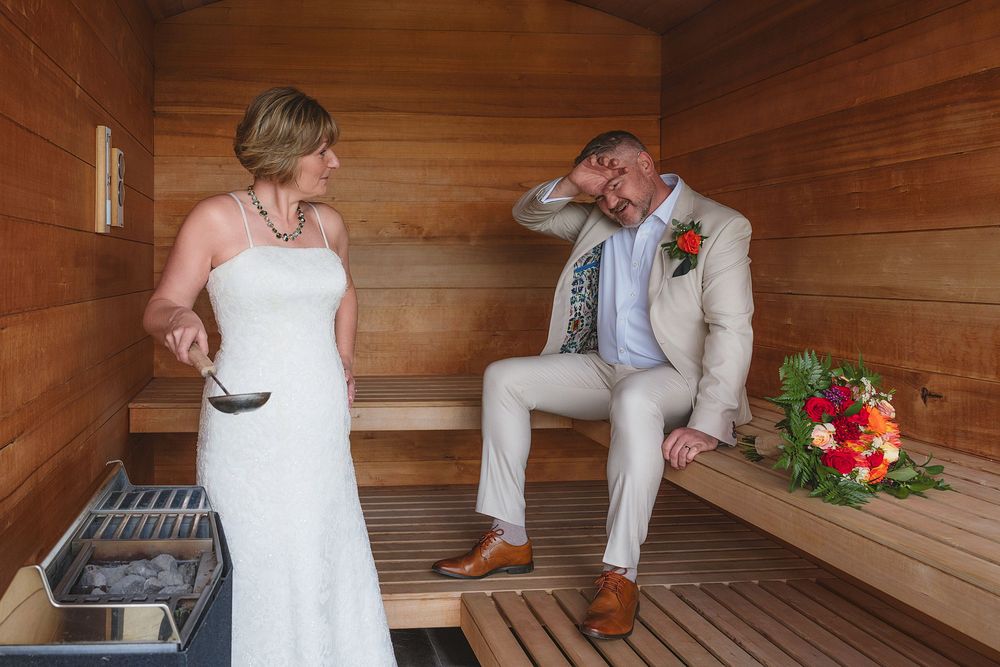 A series of photos showing a couple in formal attire celebrating in a rustic wooden cabin setting.