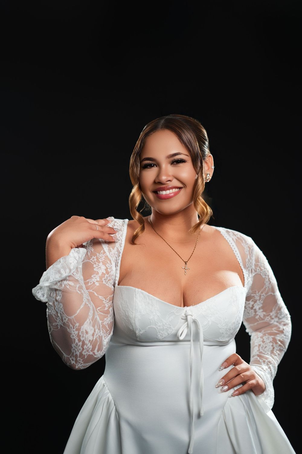 A series of fashion portraits showing a white lace dress with long sleeves against a dark background.