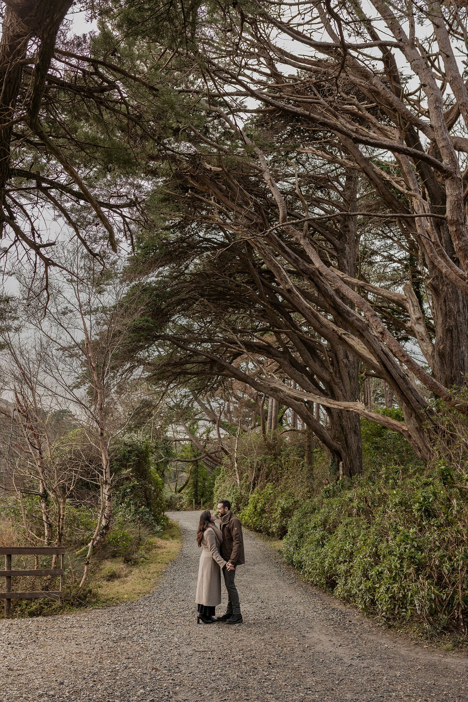 Couple during their engagement session in Kylemore Abbey surrounded by mountains and woodland in Connemara