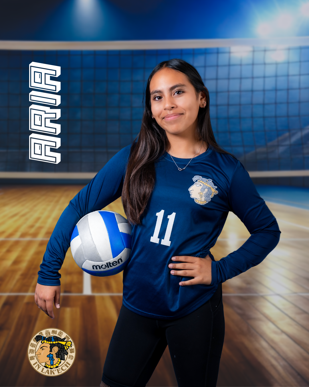 Aria, volleyball player number 11, poses in a blue jersey holding a Molten volleyball on an indoor court.