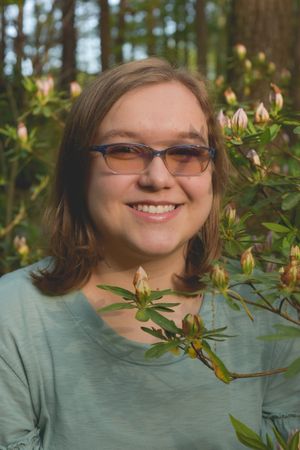 A series of cropped photos showing someone smiling near flowering rhododendron buds in a garden setting.
