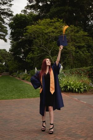 A series of graduation photos showing a graduate in navy blue cap and gown with gold tassel on a brick pathway outdoors.