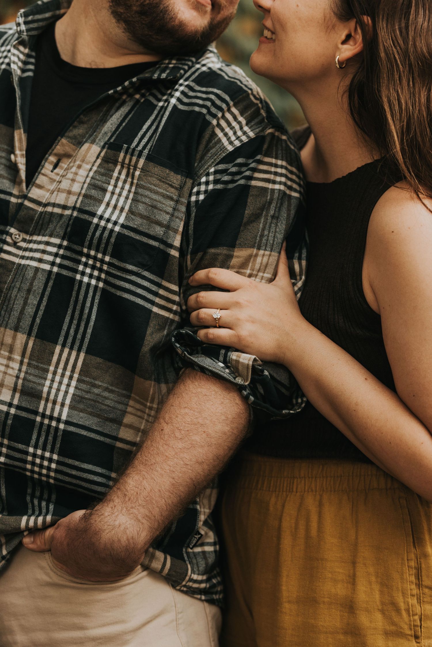 Close-up shots of a couple in casual attire sharing intimate moments, with one wearing a plaid flannel shirt.