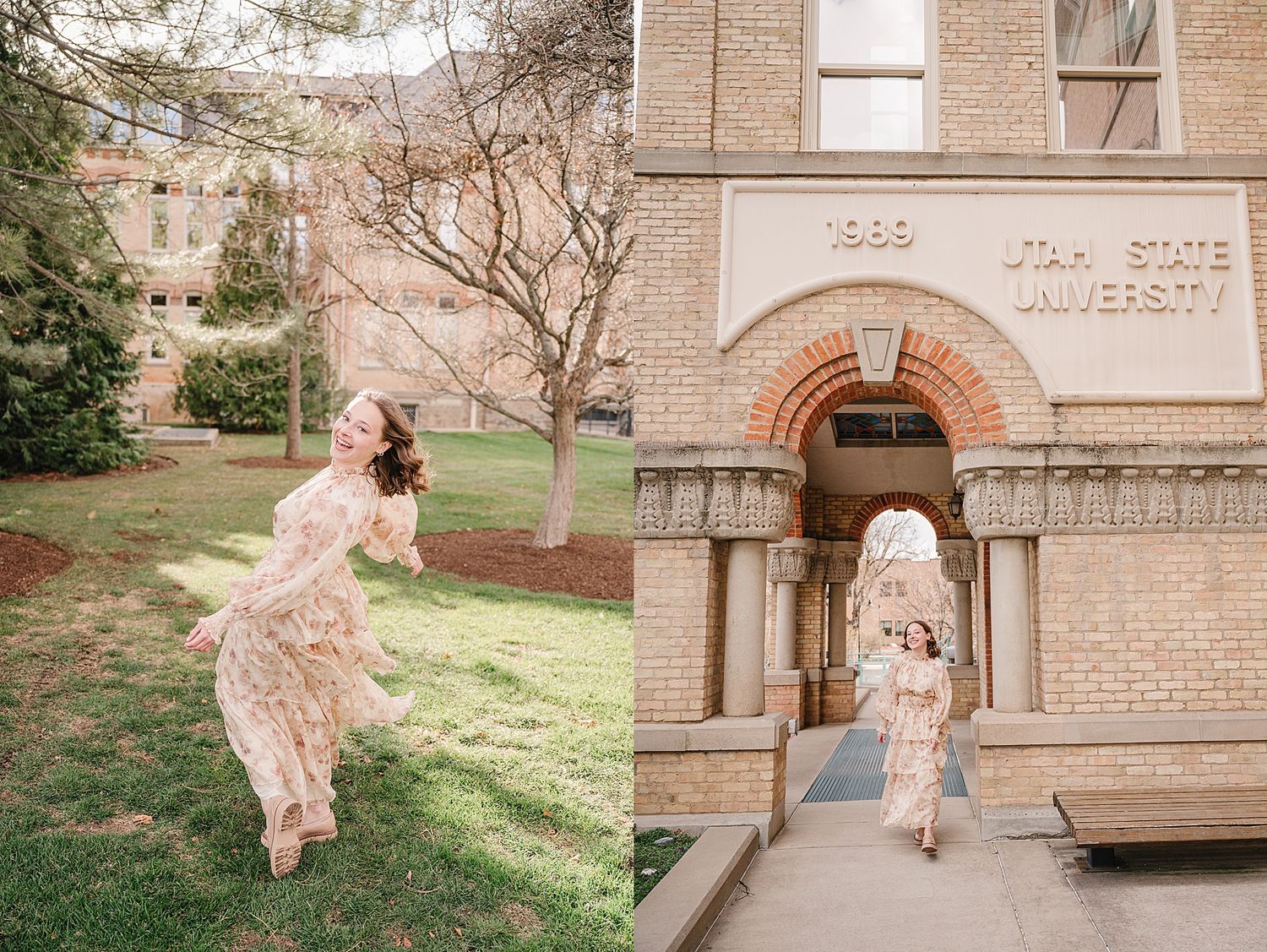 Bohemian maxi dress flows gracefully in outdoor photos at vintage brick building entrance with ornate archway details.