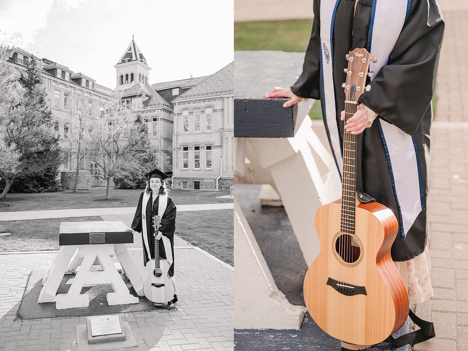 Graduate in cap and gown holds an acoustic guitar near a historic university building in a split image composition.