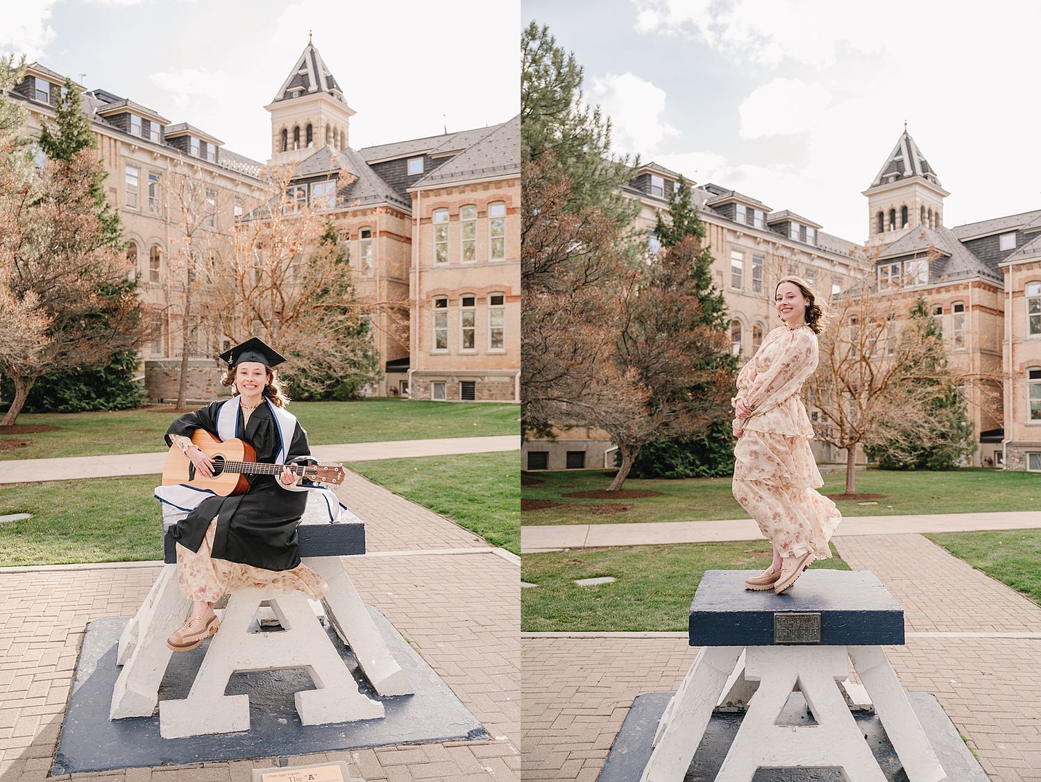 Two individuals pose on a monumental stone letter A in front of a historic university building with Gothic architecture.
