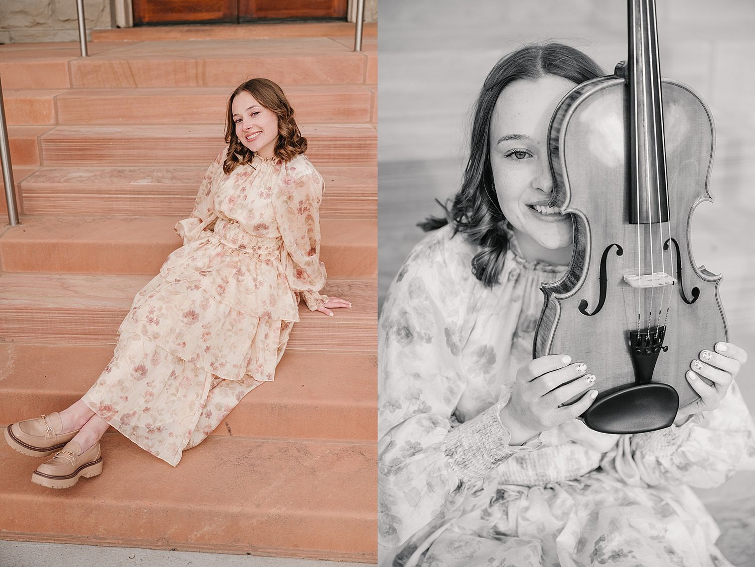 Graduate in vintage floral dress holds violin for artistic portrait session on campus steps.
