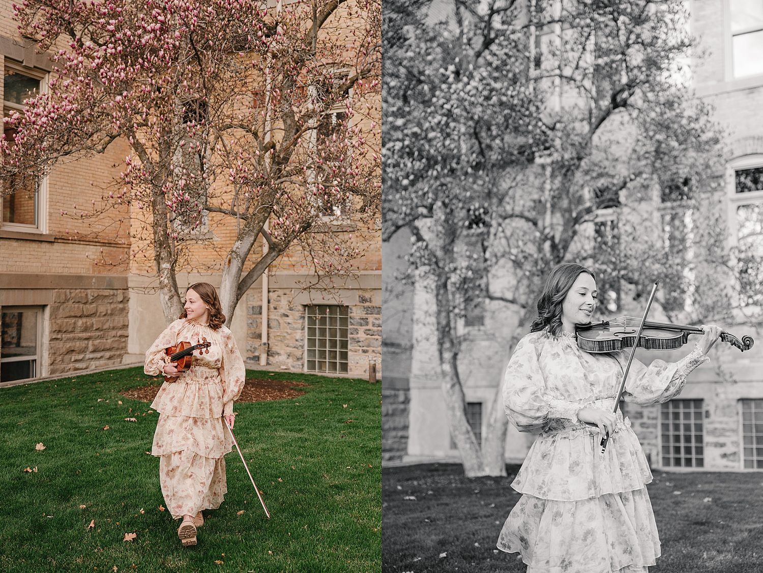 Two side by side images showing a person in vintage white dress standing under blossoming spring trees by a stone building.