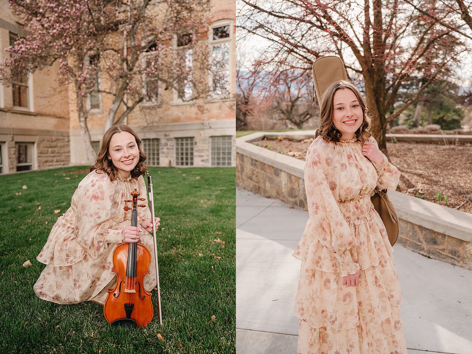 A split image of someone posing in a floral dress with a violin outdoors and on stone steps near a building.
