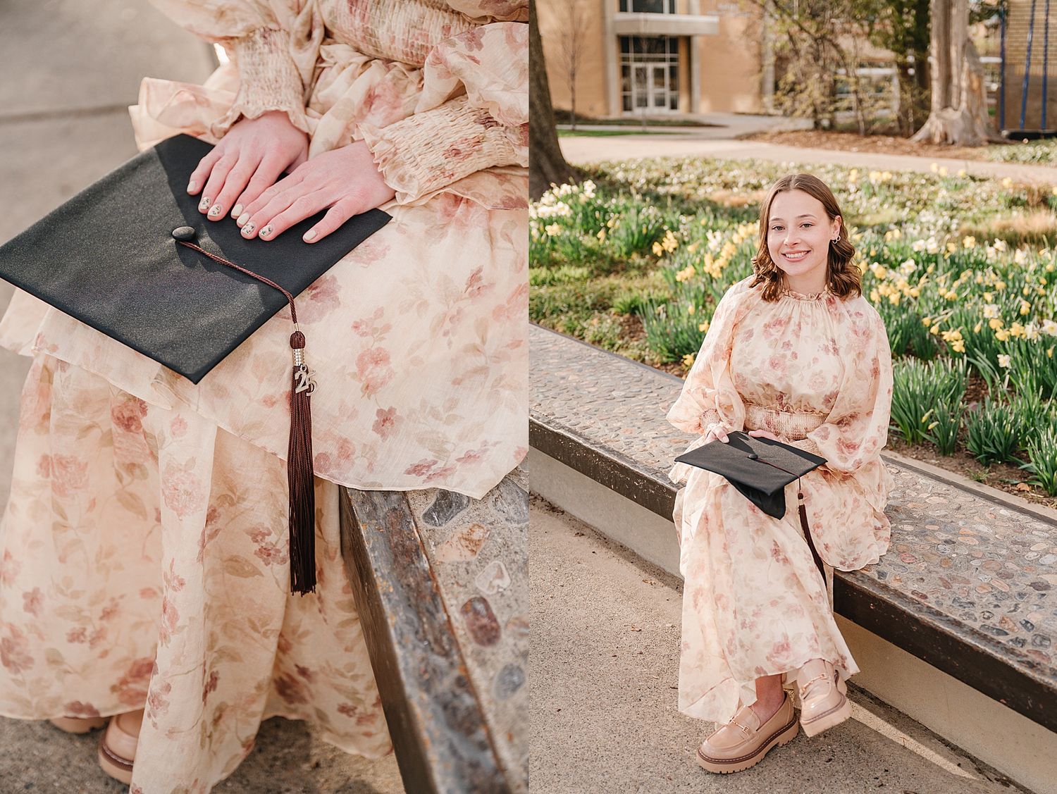 Two views of a person wearing a romantic vintage-style peach floral dress while holding a black leather book on stone steps.
