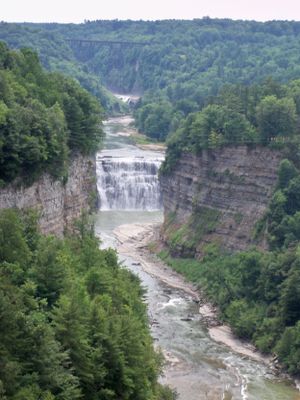 Dramatic waterfall cascading through rocky gorge surrounded by lush green forest in multiple views.